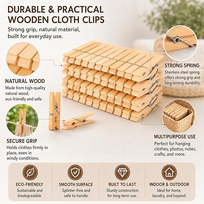 Bamboo Cloth Clips for Drying Clothes (Pack of 20)